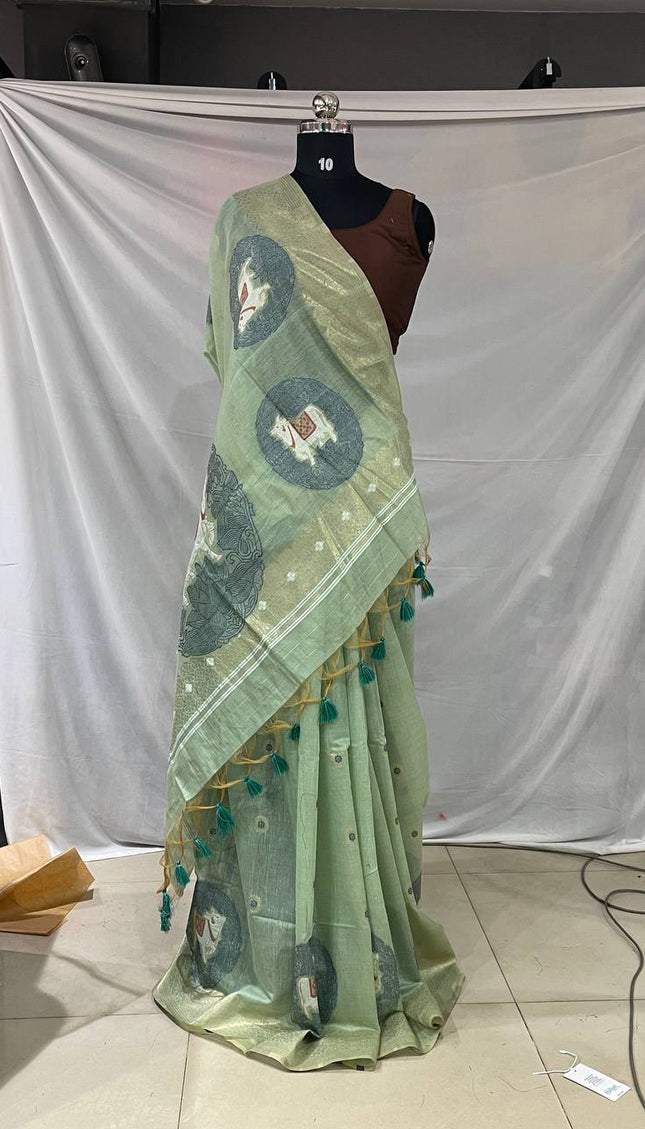 Mint Green Tissue Silk Saree with  Gold Zari Border|CS7_5