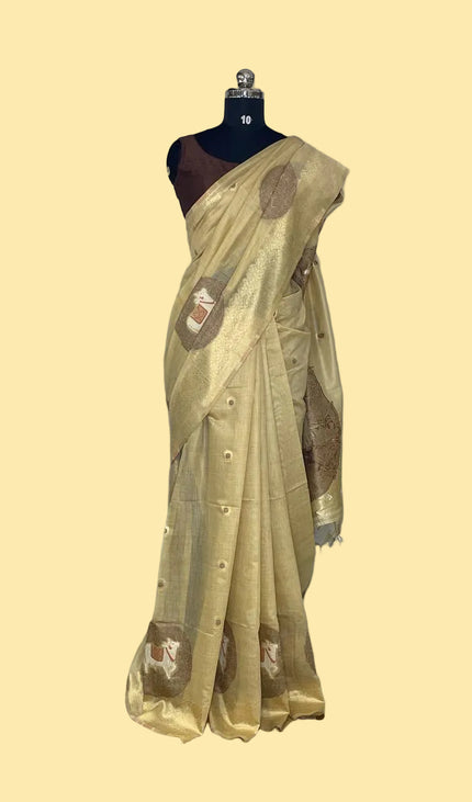 Golden Champagne Tissue Silk Saree with  Zari Border |CS7_6