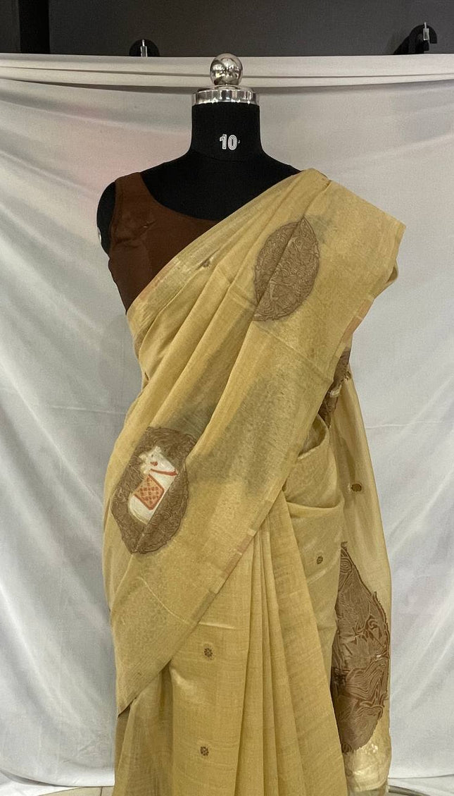 Golden Champagne Tissue Silk Saree with  Zari Border |CS7_6