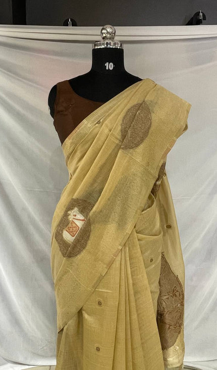 Golden Champagne Tissue Silk Saree with  Zari Border |CS7_6