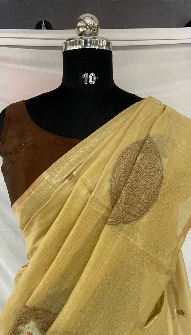 Golden Champagne Tissue Silk Saree with  Zari Border |CS7_6