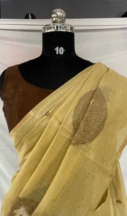 Golden Champagne Tissue Silk Saree with  Zari Border |CS7_6