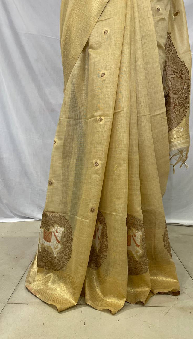 Golden Champagne Tissue Silk Saree with  Zari Border |CS7_6