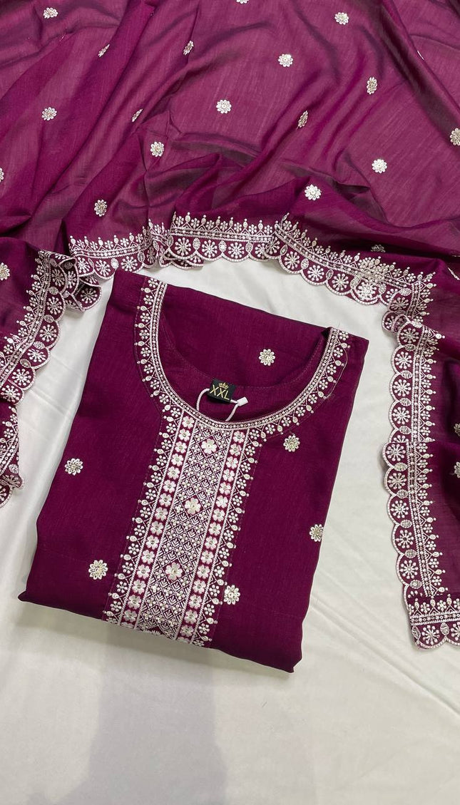 Wine Magenta Georgette Embroidered Kurta Set with Dupatta|SC19_1