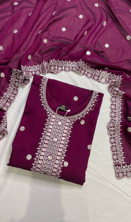 Wine Magenta Georgette Embroidered Kurta Set with Dupatta|SC19_1