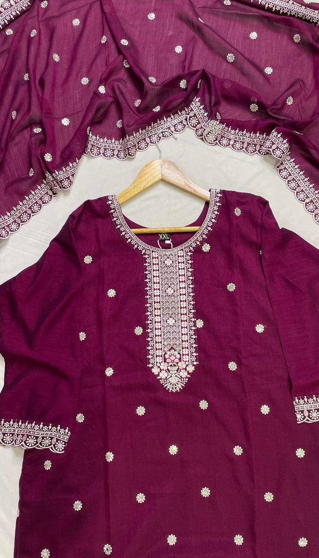 Wine Magenta Georgette Embroidered Kurta Set with Dupatta|SC19_1