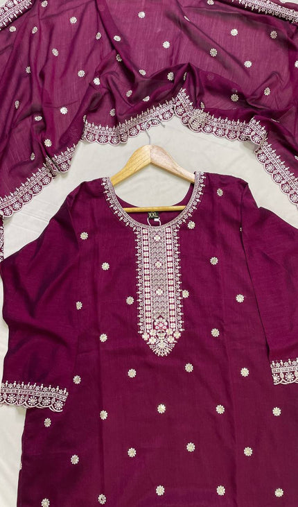 Wine Magenta Georgette Embroidered Kurta Set with Dupatta|SC19_1