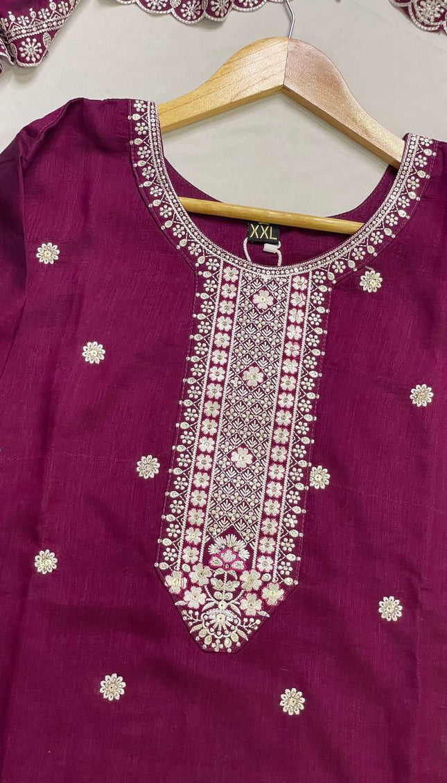 Wine Magenta Georgette Embroidered Kurta Set with Dupatta|SC19_1