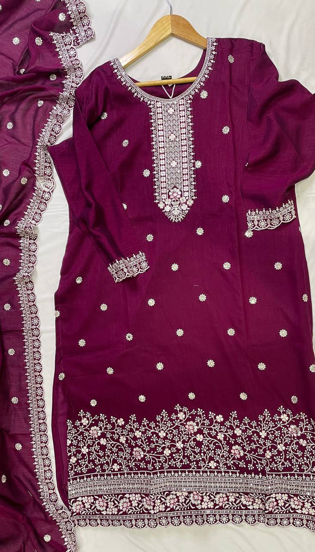 Wine Magenta Georgette Embroidered Kurta Set with Dupatta|SC19_1