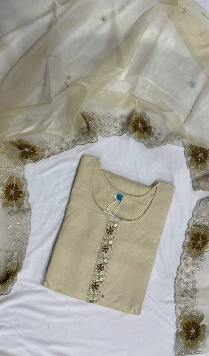 Beige Linen Cotton Floral Embroidered Kurta Set with Dupatta|SC20_2