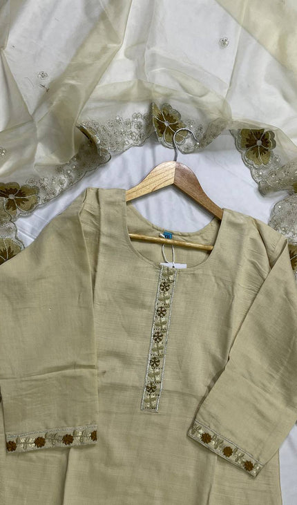 Beige Linen Cotton Floral Embroidered Kurta Set with Dupatta|SC20_2