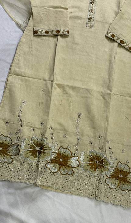 Beige Linen Cotton Floral Embroidered Kurta Set with Dupatta|SC20_2