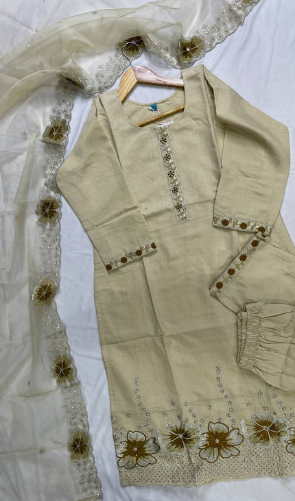 Beige Linen Cotton Floral Embroidered Kurta Set with Dupatta|SC20_2