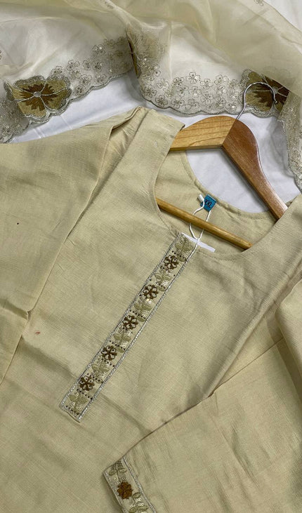 Beige Linen Cotton Floral Embroidered Kurta Set with Dupatta|SC20_2