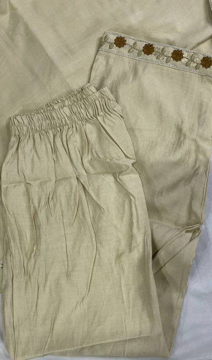 Beige Linen Cotton Floral Embroidered Kurta Set with Dupatta|SC20_2