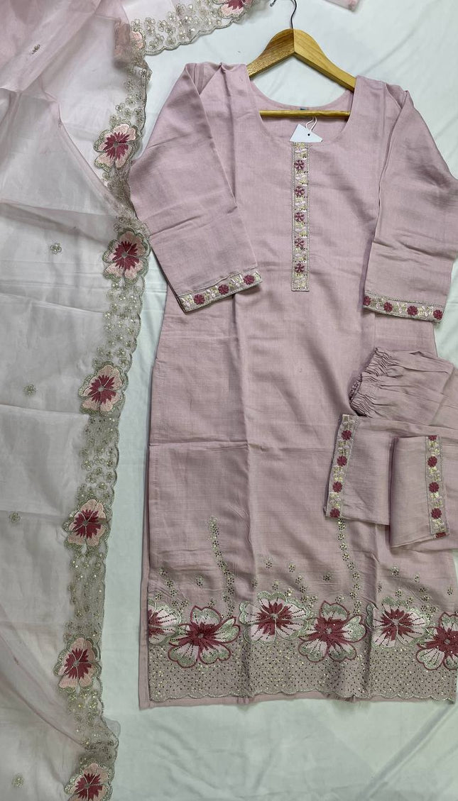 Pink Linen Cotton Floral Embroidered Kurta Set with Dupatta|SC20_1