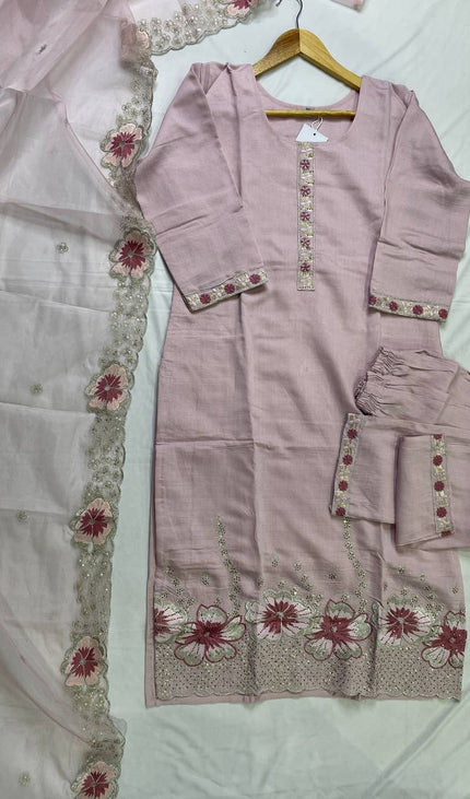 Pink Linen Cotton Floral Embroidered Kurta Set with Dupatta|SC20_1
