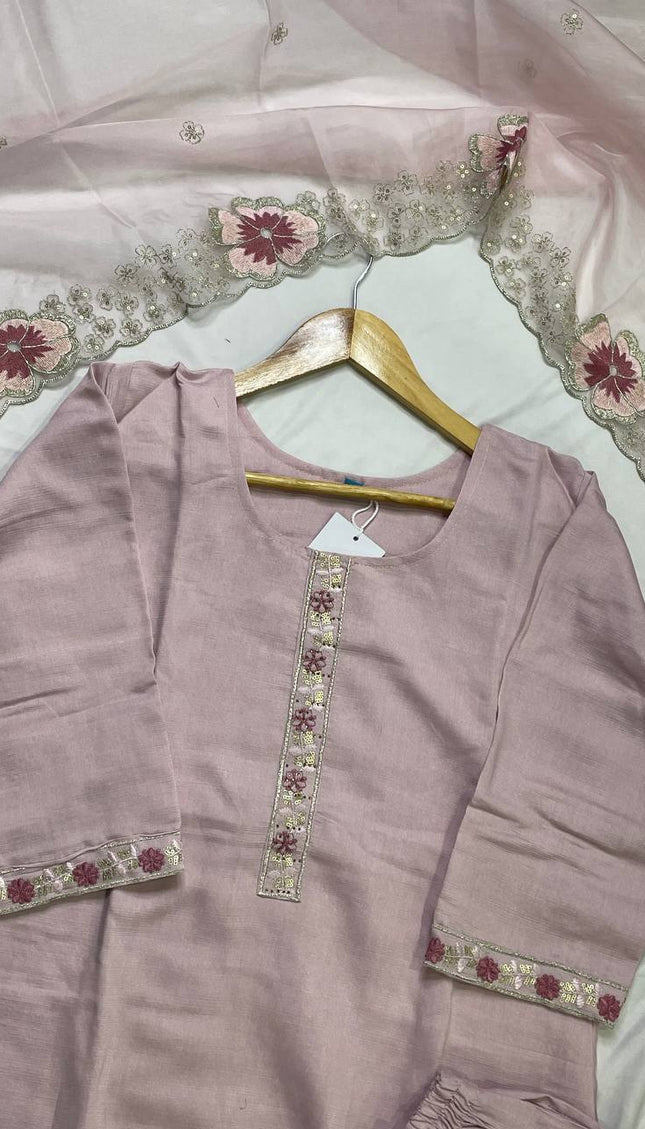 Pink Linen Cotton Floral Embroidered Kurta Set with Dupatta|SC20_1