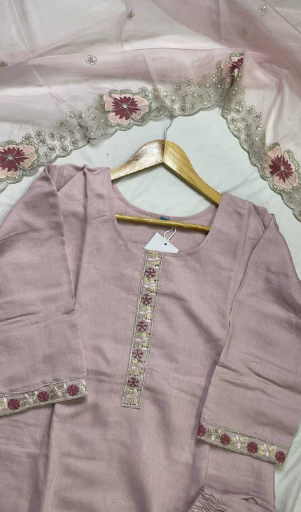 Pink Linen Cotton Floral Embroidered Kurta Set with Dupatta|SC20_1