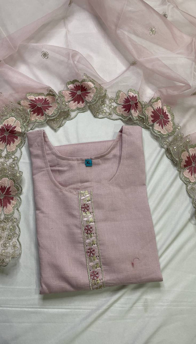 Pink Linen Cotton Floral Embroidered Kurta Set with Dupatta|SC20_1