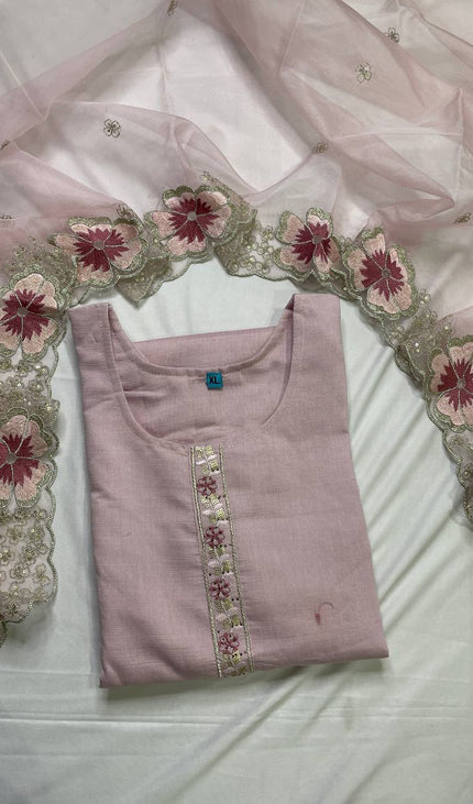 Pink Linen Cotton Floral Embroidered Kurta Set with Dupatta|SC20_1