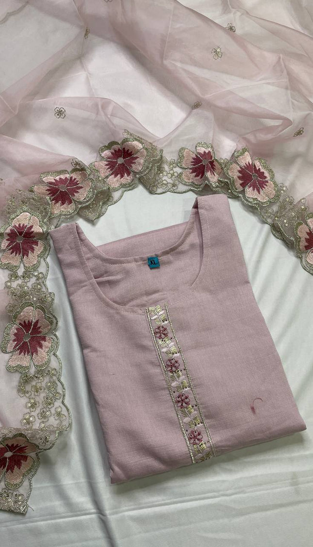 Pink Linen Cotton Floral Embroidered Kurta Set with Dupatta|SC20_1