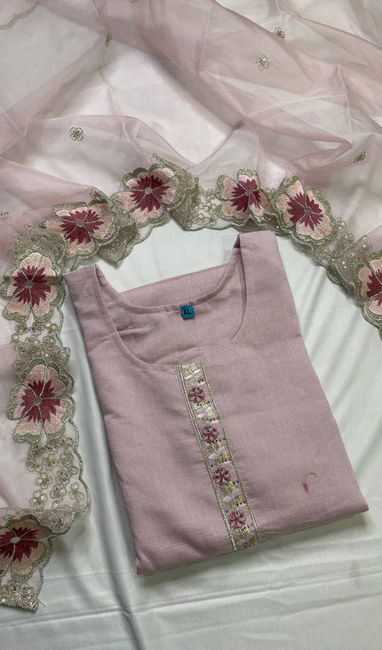 Pink Linen Cotton Floral Embroidered Kurta Set with Dupatta|SC20_1