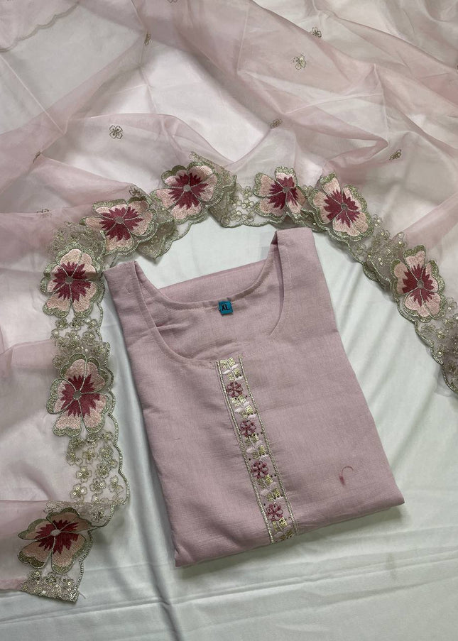 Pink Linen Cotton Floral Embroidered Kurta Set with Dupatta|SC20_1