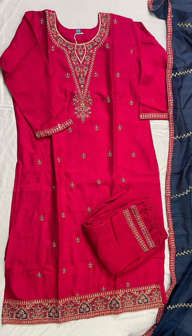 Rani Pink Muslin Cotton Zari Embroidered Kurta Set with Contrast Navy Dupatta| SC21_1