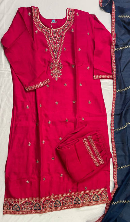Rani Pink Muslin Cotton Zari Embroidered Kurta Set with Contrast Navy Dupatta| SC21_1