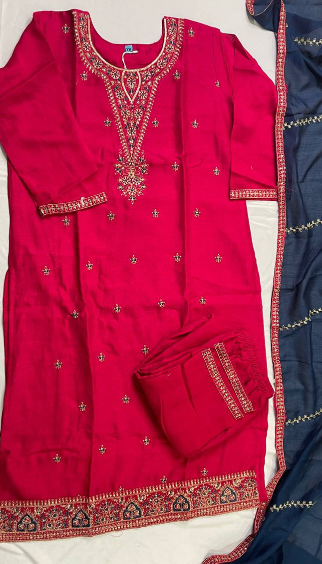 Rani Pink Muslin Cotton Zari Embroidered Kurta Set with Contrast Navy Dupatta| SC21_1