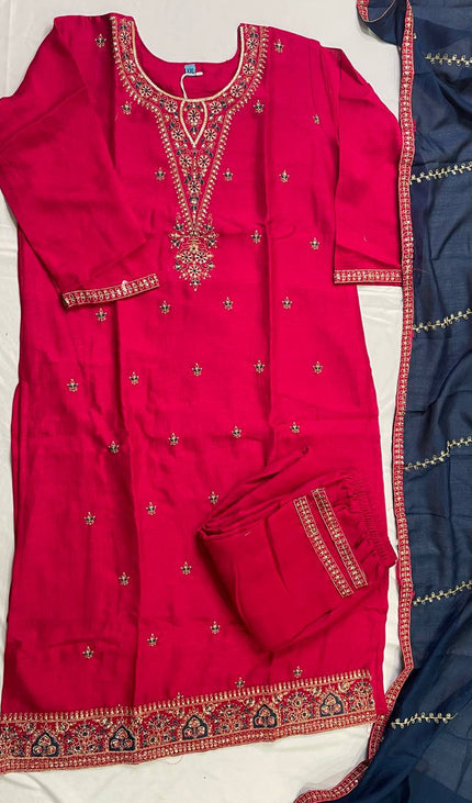 Rani Pink Muslin Cotton Zari Embroidered Kurta Set with Contrast Navy Dupatta| SC21_1
