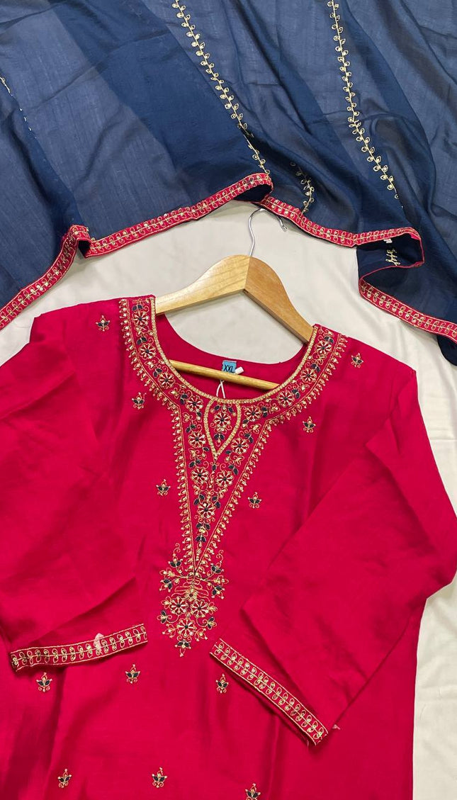 Rani Pink Muslin Cotton Zari Embroidered Kurta Set with Contrast Navy Dupatta| SC21_1