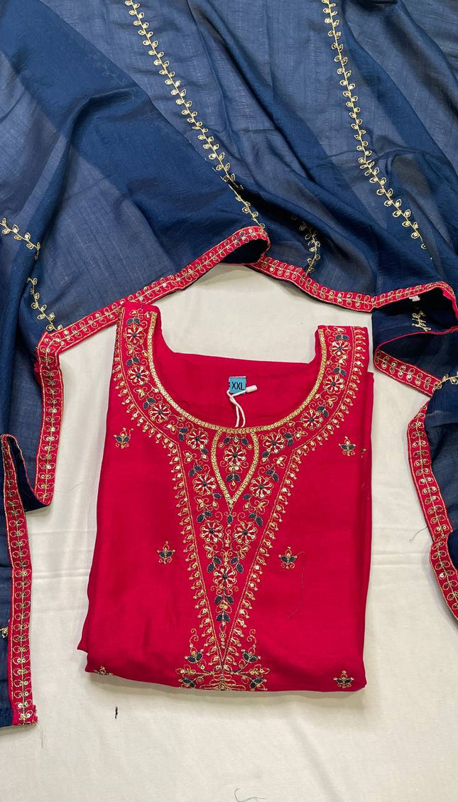 Rani Pink Muslin Cotton Zari Embroidered Kurta Set with Contrast Navy Dupatta| SC21_1
