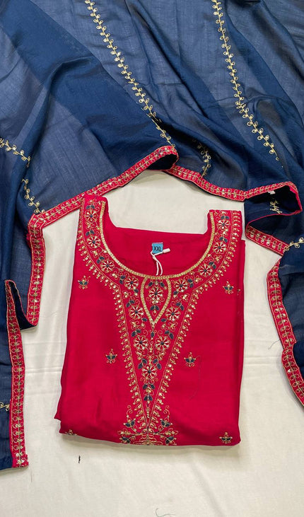 Rani Pink Muslin Cotton Zari Embroidered Kurta Set with Contrast Navy Dupatta| SC21_1