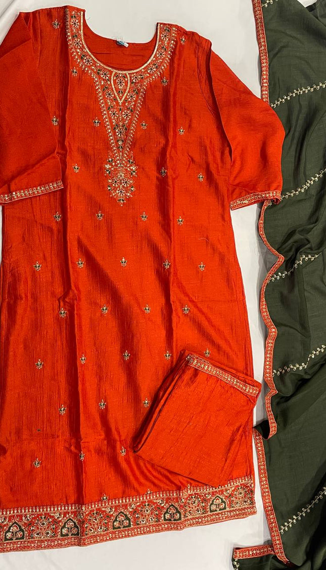 Rust Orange Muslin Cotton Zari Embroidered Kurta Set with Contrast Olive Dupatta| SC21_2