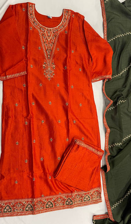 Rust Orange Muslin Cotton Zari Embroidered Kurta Set with Contrast Olive Dupatta| SC21_2