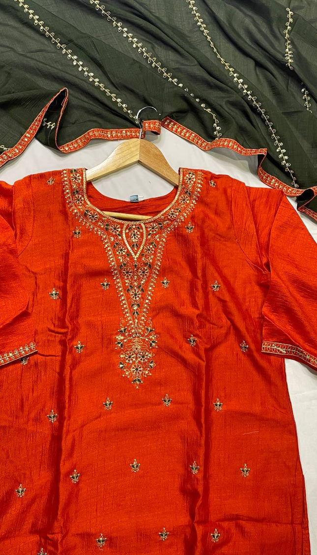 Rust Orange Muslin Cotton Zari Embroidered Kurta Set with Contrast Olive Dupatta| SC21_2