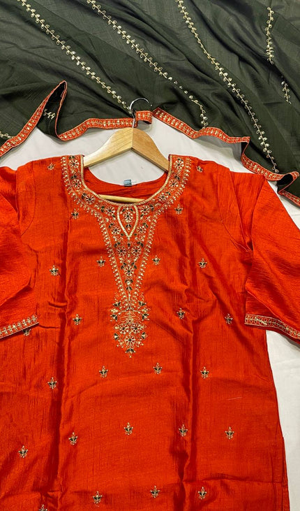 Rust Orange Muslin Cotton Zari Embroidered Kurta Set with Contrast Olive Dupatta| SC21_2