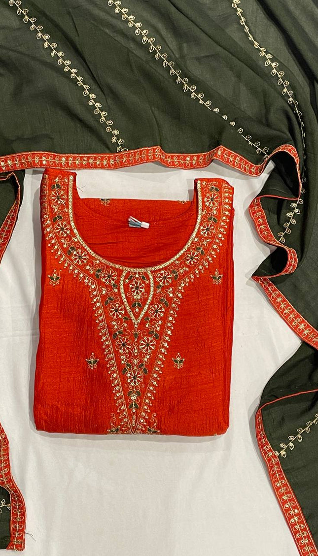 Rust Orange Muslin Cotton Zari Embroidered Kurta Set with Contrast Olive Dupatta| SC21_2
