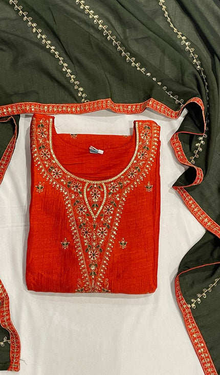 Rust Orange Muslin Cotton Zari Embroidered Kurta Set with Contrast Olive Dupatta| SC21_2
