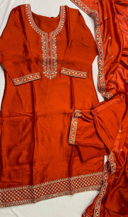 Rust Orange Georgette Zari Embroidered Kurta Set with Dupatta & Salwar| SC22_1