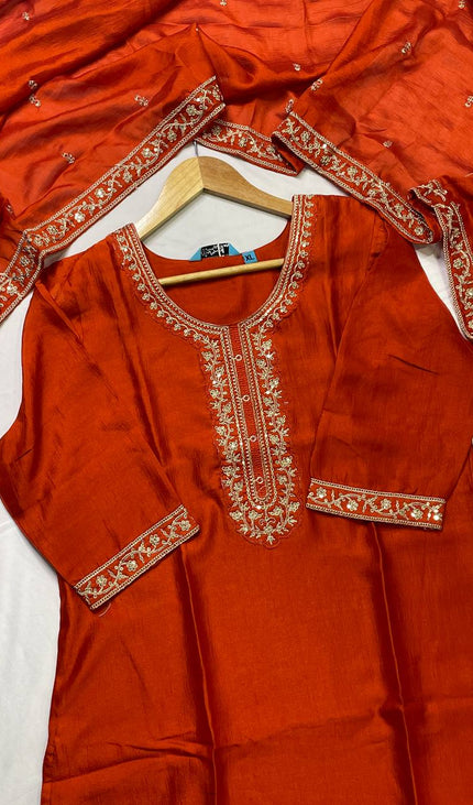 Rust Orange Georgette Zari Embroidered Kurta Set with Dupatta & Salwar| SC22_1