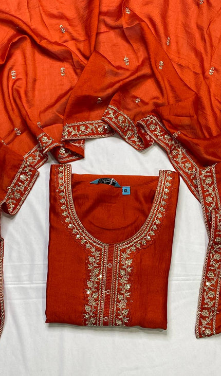 Rust Orange Georgette Zari Embroidered Kurta Set with Dupatta & Salwar| SC22_1