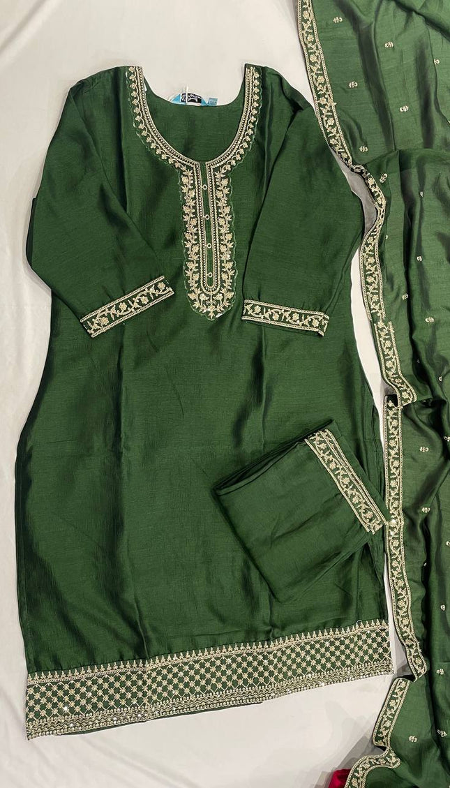 Bottle Green Georgette Zari Embroidered Kurta Set with Dupatta & Salwar| SC22_2