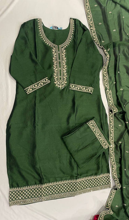 Bottle Green Georgette Zari Embroidered Kurta Set with Dupatta & Salwar| SC22_2