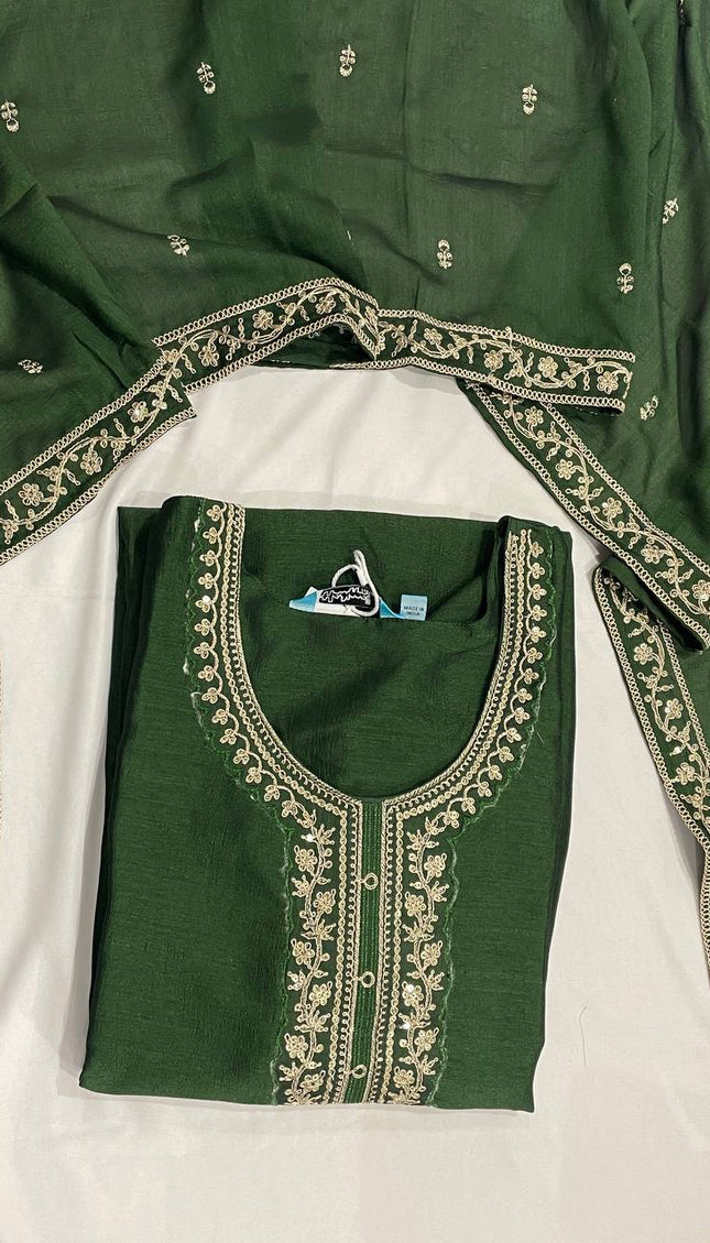 Bottle Green Georgette Zari Embroidered Kurta Set with Dupatta & Salwar| SC22_2