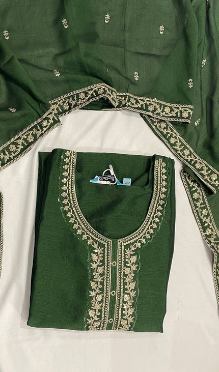 Bottle Green Georgette Zari Embroidered Kurta Set with Dupatta & Salwar| SC22_2