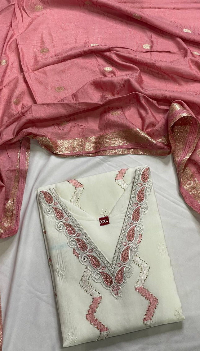 White Muslin Cotton Chevron Embroidered Kurta Set | SC25