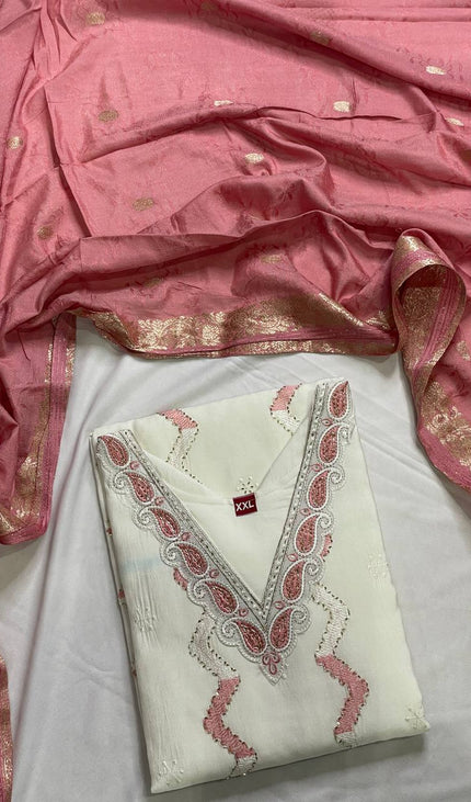 White Muslin Cotton Chevron Embroidered Kurta Set | SC25